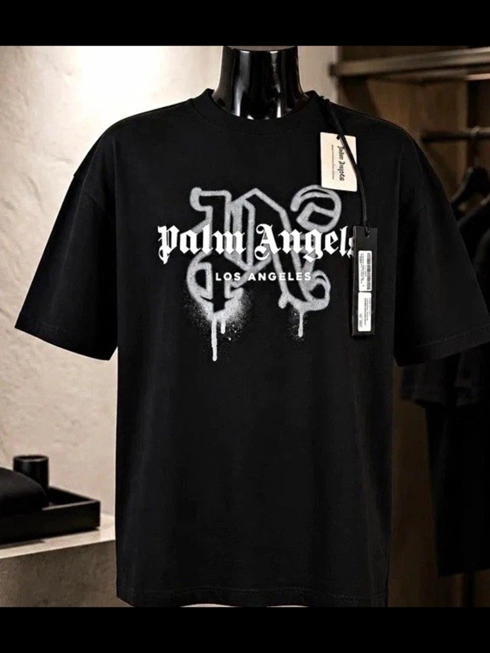 Palm Angels LA Monogram Spray Tee Black Men's M Crew Neck Logo Graphic Tee